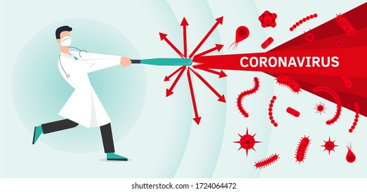 Vector Illustration Fight Covid-19 Corona Virus. Medicine Doctor Crashes Virus With Baseball Bat. Immune System Boost, Boosters. Doctor In A Mask Hit Flu Bacteria. Fight Against The Virus, Danger.