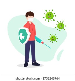 Vector illustration fight covid-19 corona virus. cure corona virus. people fight virus concept. corona viruses vaccine concept. end of 2019-ncov. don't be afraid of the corona virus concept.