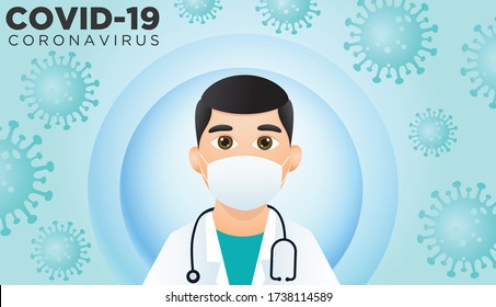 Vector illustration fight covid-19 corona virus.Doctor fight corona virus concept.Corona viruses vaccine concept.End of 2019-ncov.Stop corona virus concept.