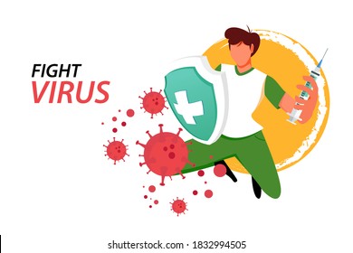 Vector illustration fight covid-19 corona virus. cure corona virus. people fight virus concept. corona viruses vaccine concept. end of 2019-ncov. don't be afraid of the corona virus concept.
