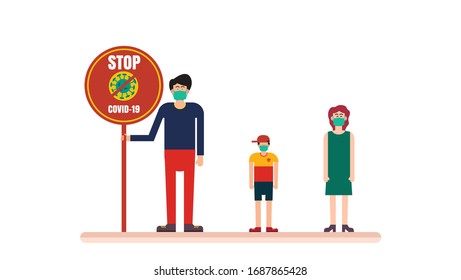 Vector illustration fight covid-19 coronavirus with stop sign. Family fight virus concept with children. Concept social and physical distancing. People use a mask for fight virus concept.