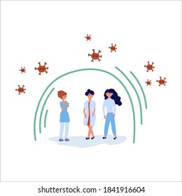 Vector illustration of the fight and protection against the COVID-19 coronavirus. Women under the protection of the 2019-NCOV coronavirus pathogen vaccine. Disease control, directed against viruses