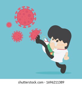 Vector illustration fight virus. cure corona virus. Doctor super kick covid-19