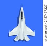 A vector illustration of a fighter jet on a plain blue background, depicted in a flat graphic style, conveying the concept of military aviation