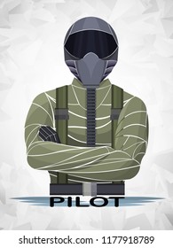 Vector illustration of a fighter pilot in flight suit and helmet with arms crossed. Concept of aviation, aerospace profession, air force, and military aviation safety.