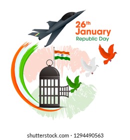 vector illustration of fighter plane flying &  making national flag colors in the sky with Ashoka Wheel on background - Vector
