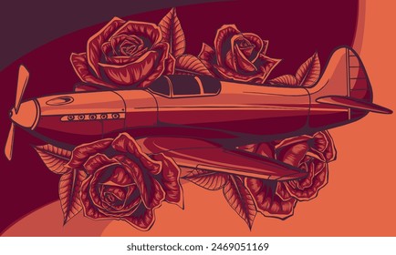 Vector illustration of a fighter Spitfire with roses