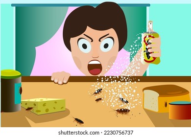 Vector illustration of fighting cockroaches. A man sprays poison aerosol and gets angry at cockroaches. Destroy insects with a poisonous spray