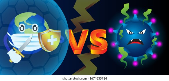 Vector illustration of fighting concepts between the earth and viruses/ corona viruses,world corona virus concept. Vector illustration fight covid-19 corona virus.cure corona virus. people fight virus