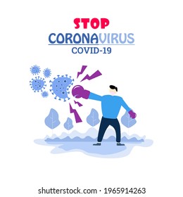 vector or illustration fighting the corona covid-19 virus. illustration of a person fighting a virus. the concept of the corona virus vaccine.