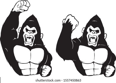 Vector Illustration Of Fighting Gorillas. Simple Style Of Black Color Only.