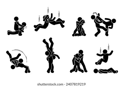 vector illustration of fighting, mixed martial arts, punching, kicking, slamming