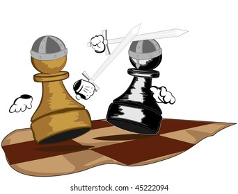 vector illustration of fighting pawns with swords