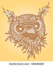 Vector illustration, figurative artline, owl head, neutral tones, card concept