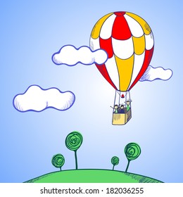 vector illustration. Figure balloon among the clouds in the sky, flying over the earth