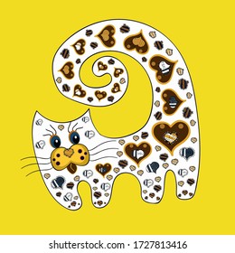 Vector illustration. Figure in brown, yellow and white colors. Sketch pattern. Perfect for surface textures, wallpapers, web page backgrounds, textile. Pictures of cute girly kittens with lettering.