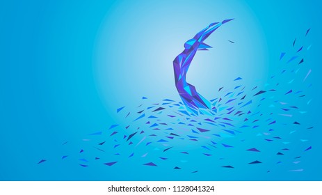Vector illustration of a figure silhouette abstract triangle pattern sports girl gymnast athlete emerges from the wave up against a sky gradient sunlight isolate. Symbol  active energetic healthy