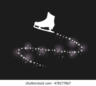 Vector illustration of figure skate and sparkle trail. Elements for design on black background. Silhouette of ice skate. Shine, glitter, sparkle. Sporty logo, greeting cart, icon,symbol, object,printa