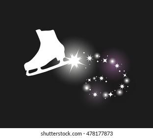 Vector illustration of figure skate and sparkle trail. Elements for design on black background. Silhouette of ice skate. Shine, glitter, sparkle. Sporty logo, greeting cart, icon,symbol, object,print