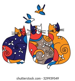 Vector illustration. Figure three colorful cats and two birds.