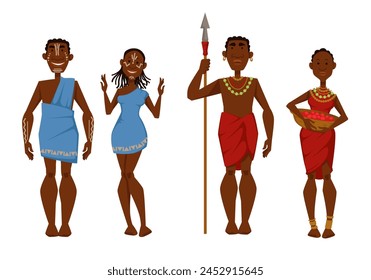 Vector illustration of figures in African traditional attire, vibrant and culturally rich.