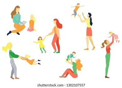 Vector illustration with figures of mothers playing with their babys. Concept picture. Cartoon colorful flat  illustration isolated on white background.
