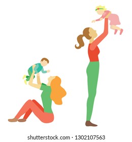 Vector illustration with figures of mothers playing with their babies. Concept picture. Cartoon colorful flat  illustration isolated on white background.