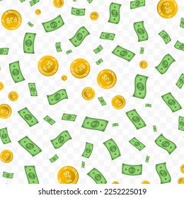 Vector illustration of Fijian Dollar currency. Random pattern of banknotes and coins in green and gold colors on transparent background (PNG). 