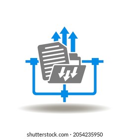 Ilustración vectorial de archivo y directorio con flechas y diagrama de flujo de red. Símbolo de red FTP. Icono de descarga de datos de envío.