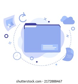 Vector illustration of file folder with social media icons and shapes on abstract background. File management tools service concept for social media, cloud storage, website, app, banner or flyer