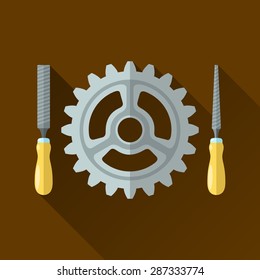 Vector illustration of file hand tools and gear. Flat icon with long shadow