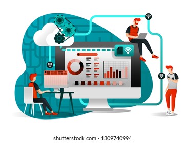 Vector Illustration Of File Storage Technology, Sharing, Remote Worker, Network Industry 4.0. People Sharing Work File. Cloud Improvement To Transfer Is Effective And Faster. Flat Cartoon Character