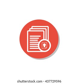Vector illustration of files certificate sign icon on red circle background.