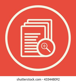 Vector illustration of files zoom in sign icon on red background.