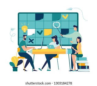 Vector illustration, fill in the calendar table, mark important dates and tasks, team thinking and brainstorming, analytics of information about the company - vector