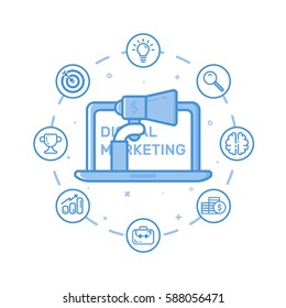 Vector illustration of filled bold outline hand holding megaphone coming out from laptop. Graphic design concept of digital marketing. Use in Web Project and Applications. Blue line icons isolated.