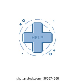 Vector illustration of filled bold outline cross icon. Graphic design concept of medical help and support . Blue flat line isolated object.