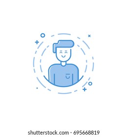 Vector illustration of filled bold outline icon smiling man in circle in flat line style. Linear cute and happy boy. Graphic design concept of boy avatar use in Web Project and Applications
