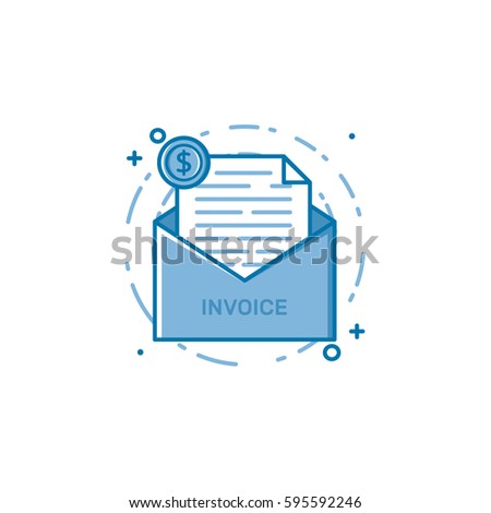 Vector illustration of filled bold outline open envelop with web page and coin icon. Graphic design concept of internet invoice, news money letter. Blue flat line isolated object.