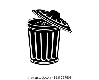 Vector illustration of a filled trash can with open lid, Open trash can silhouette against a plain background, Trash Can with Waste Bag, trash, garbage, waste bin, disposal, sanitation, icon.
