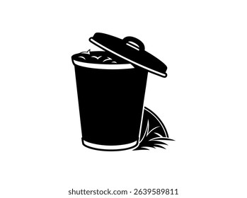 Vector illustration of a filled trash can with open lid, Open trash can silhouette against a plain background, Trash Can with Waste Bag, trash, garbage, waste bin, disposal, sanitation, icon.