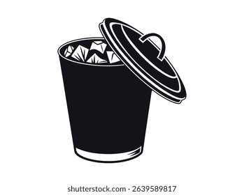 Vector illustration of a filled trash can with open lid, Open trash can silhouette against a plain background, Trash Can with Waste Bag, trash, garbage, waste bin, disposal, sanitation, icon.