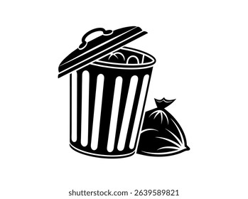 Vector illustration of a filled trash can with open lid, Open trash can silhouette against a plain background, Trash Can with Waste Bag, trash, garbage, waste bin, disposal, sanitation, icon.