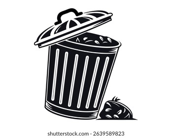 Vector illustration of a filled trash can with open lid, Open trash can silhouette against a plain background, Trash Can with Waste Bag, trash, garbage, waste bin, disposal, sanitation, icon.