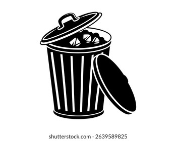Vector illustration of a filled trash can with open lid, Open trash can silhouette against a plain background, Trash Can with Waste Bag, trash, garbage, waste bin, disposal, sanitation, icon.