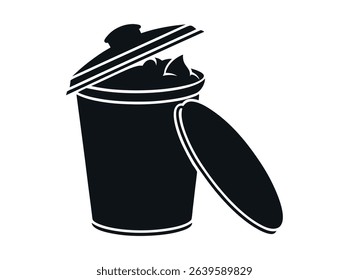 Vector illustration of a filled trash can with open lid, Open trash can silhouette against a plain background, Trash Can with Waste Bag, trash, garbage, waste bin, disposal, sanitation, icon.