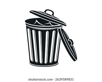 Vector illustration of a filled trash can with open lid, Open trash can silhouette against a plain background, Trash Can with Waste Bag, trash, garbage, waste bin, disposal, sanitation, icon.