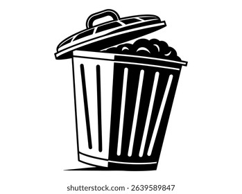 Vector illustration of a filled trash can with open lid, Open trash can silhouette against a plain background, Trash Can with Waste Bag, trash, garbage, waste bin, disposal, sanitation, icon.