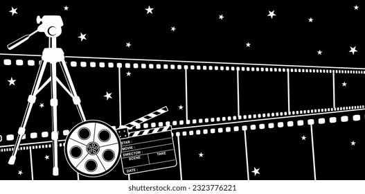 Vector illustration film cinema strip backgrounds with stars and camera reel for Presentations and decks, ads, marketing materials, Digital interfaces, banner, header, advertising, abstract wallpapers