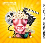 Vector illustration for the film industry. Elements of the film industry. A box of popcorn and other elements of the movie.